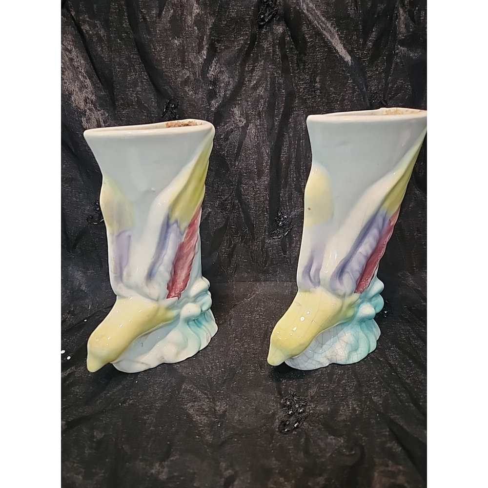 Vintage Pair Of Bird Wall Pockets 1940 White Aqua Yellow Morton Pottery - Picture 2 of 11
